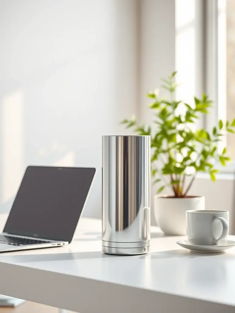 A sleek, silver diffuser in a modern office setting, with a laptop and a cup of coffee nearby, emphasizing its functionality and style.