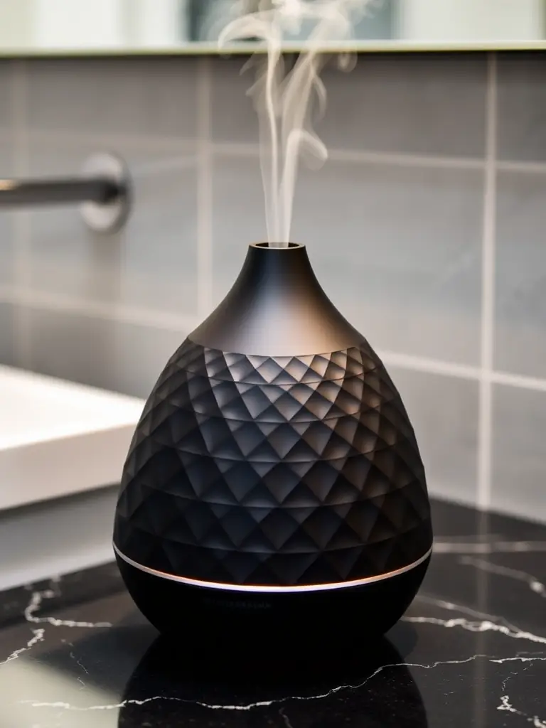 A black matte diffuser with a geometric pattern, sitting on a dark marble countertop in a modern bathroom, with steam gently rising from the top.