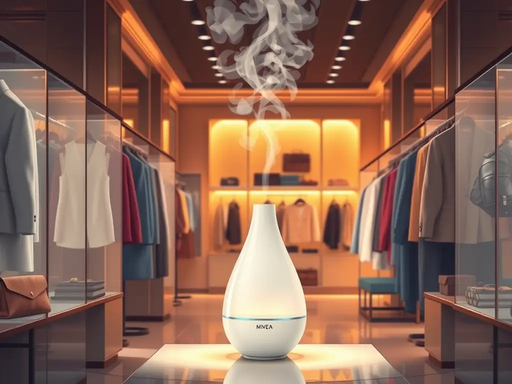A sophisticated white cold-air diffuser is placed in a high-end boutique setting, surrounded by luxury clothing and accessories. The diffuser is subtly dispersing scent, enhancing the shopping experience. The lighting is warm and inviting, highlighting the diffuser's elegant form.