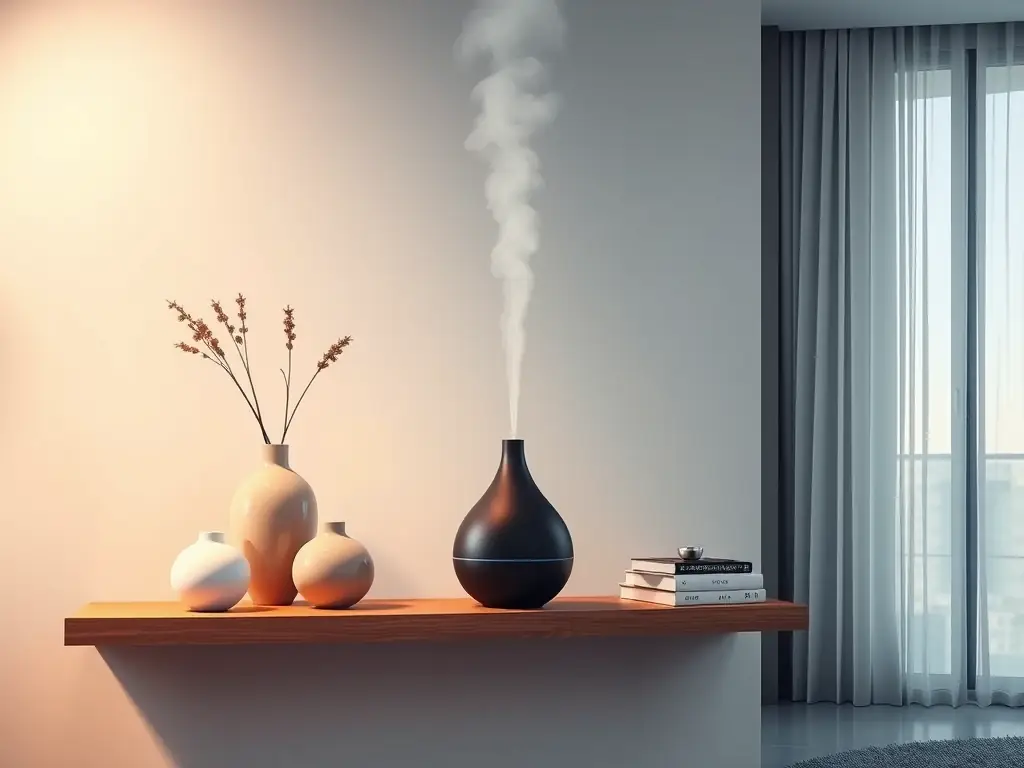 A beautifully decorated modern living room with a Rare Perfection Co. diffuser subtly placed on a shelf, emitting a gentle mist.