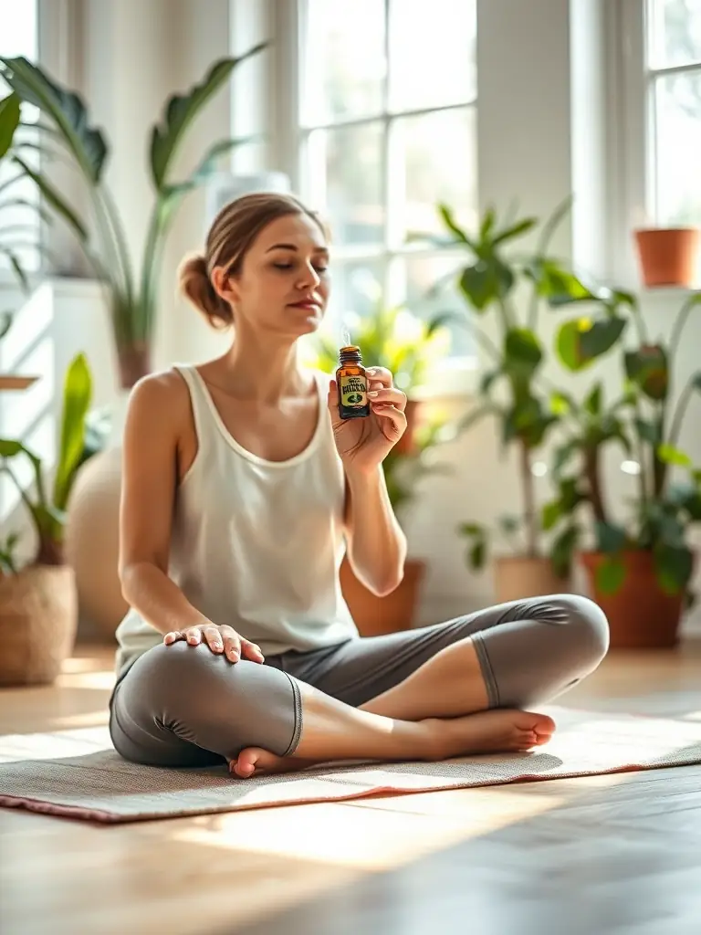 A person using Rare Perfection Co. essential oils during a yoga session, promoting relaxation and mindfulness.
