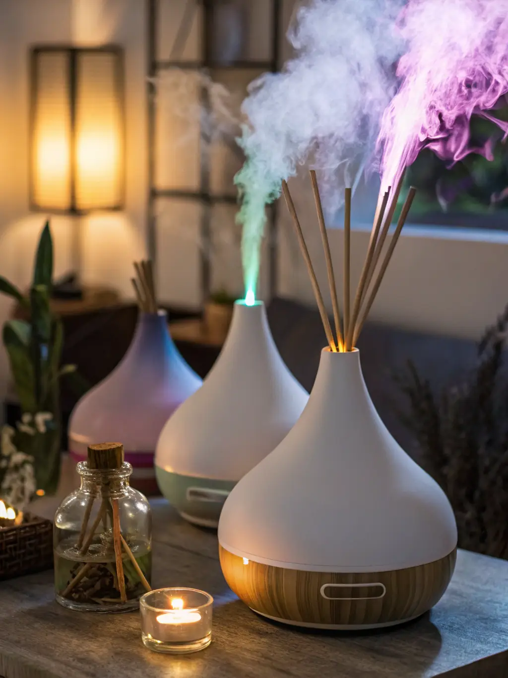 A close-up shot of a Rare Perfection Co. diffuser releasing a gentle mist in a dimly lit bedroom, creating a relaxing ambiance.