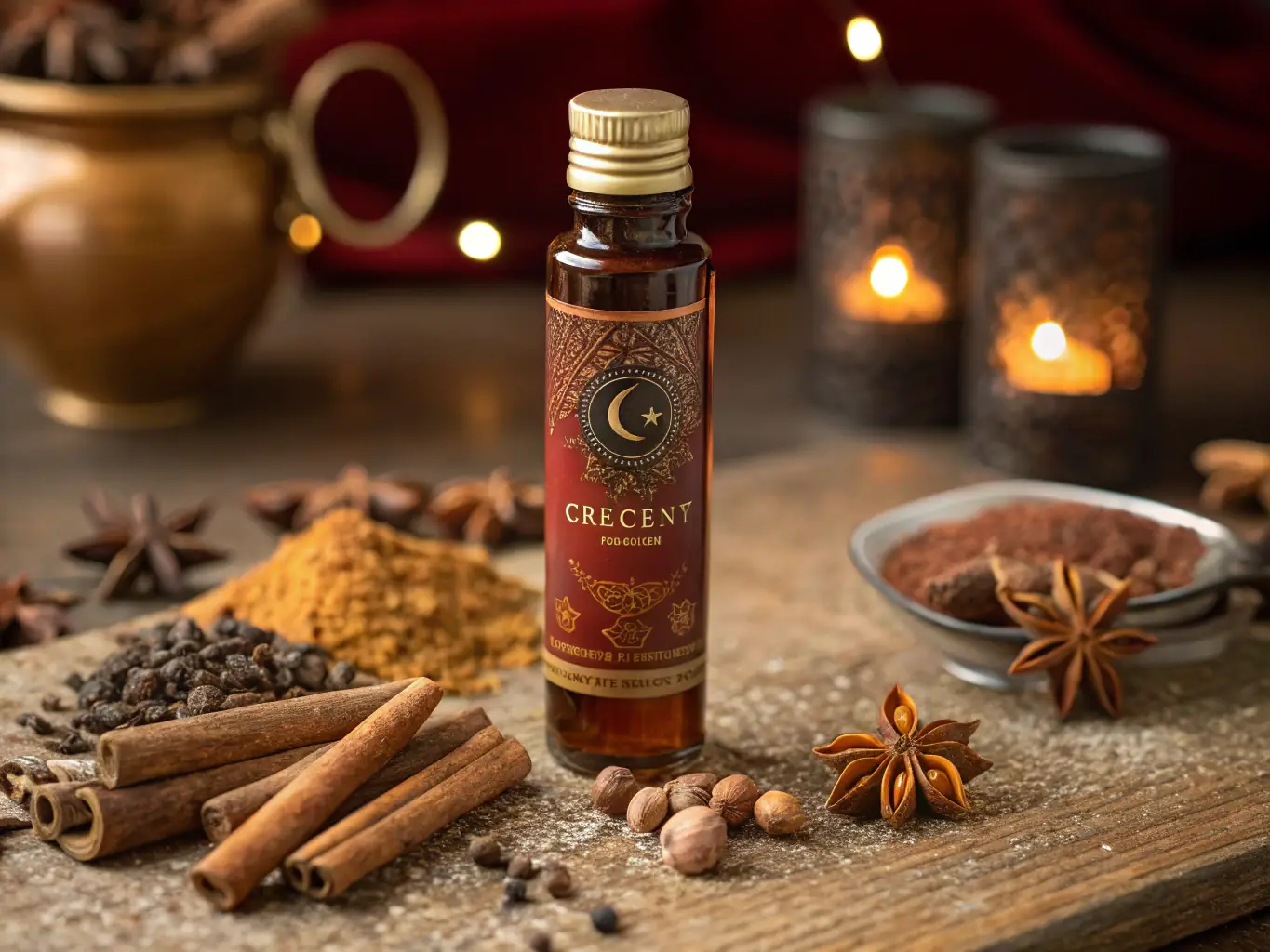 A sophisticated image of 'Mystique' essential oil blend, with dark amber bottles and exotic spices like cinnamon and clove, evoking a sense of warmth and luxury.