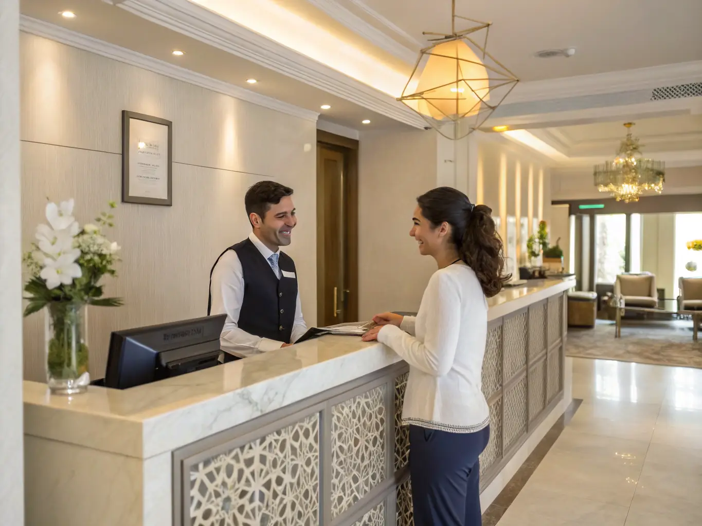 A luxurious hotel lobby with a sleek Rare Perfection Co. diffuser discreetly placed near the reception desk, filling the space with a welcoming fragrance.