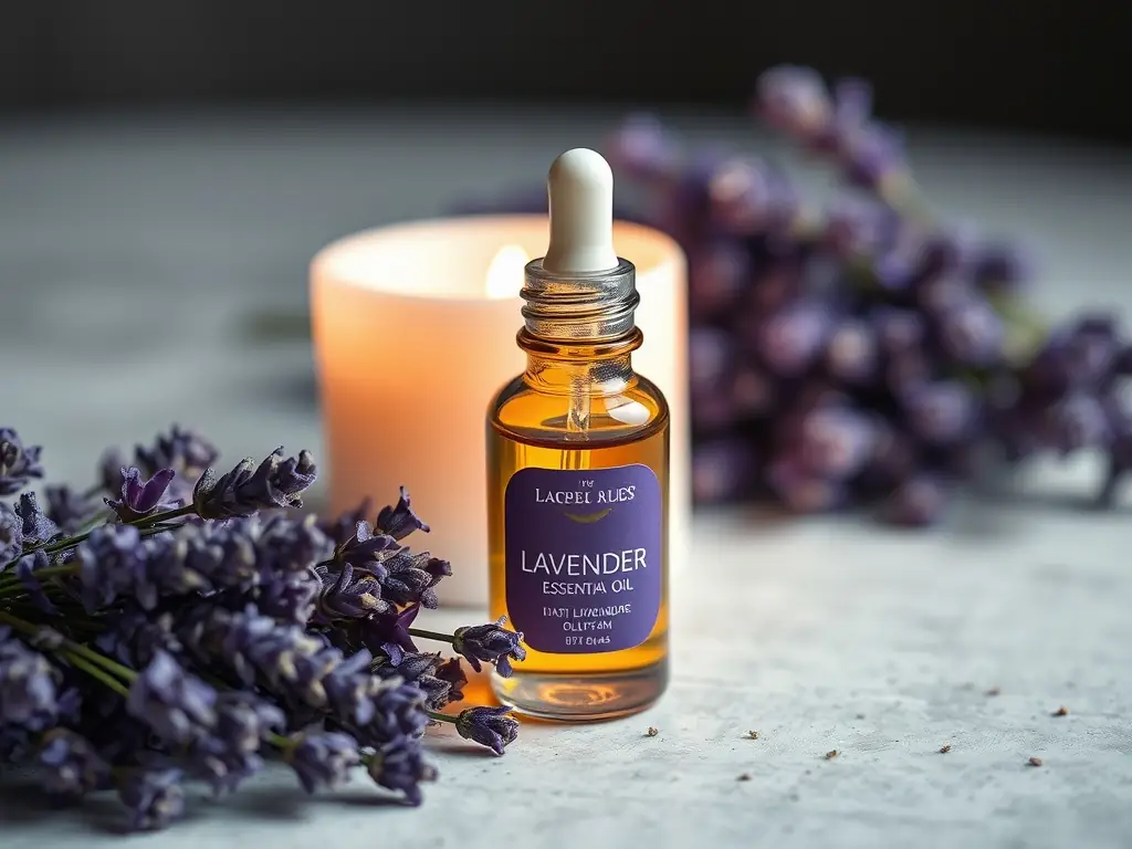 A luxurious presentation of 'Tranquility' essential oil blend, displayed on a dark wooden surface with a few drops of oil diffusing into the air, creating a serene and inviting ambiance.