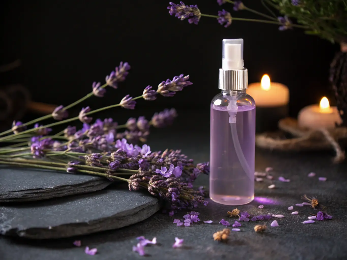 A close-up shot of a bottle of 'Serenity' essential oil blend, with lavender sprigs and chamomile flowers scattered around it, conveying a sense of calm and relaxation.