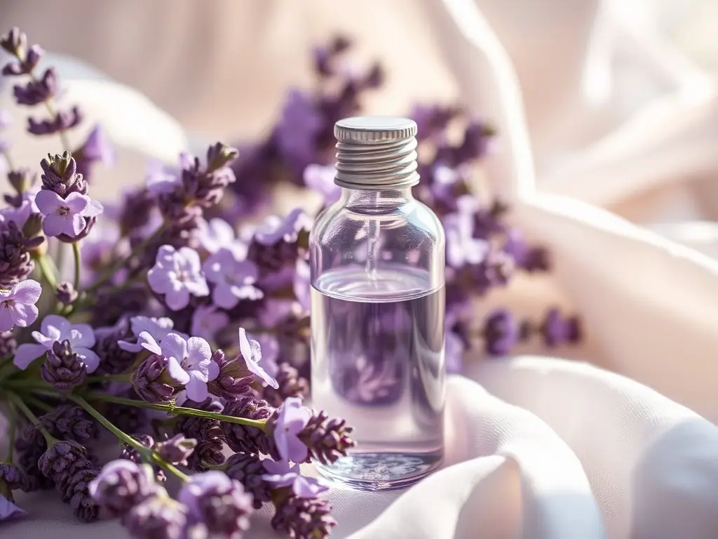 A close-up shot of a bottle of 'Serenity' essential oil blend, with lavender sprigs and chamomile flowers in the background, conveying a sense of calm and relaxation.