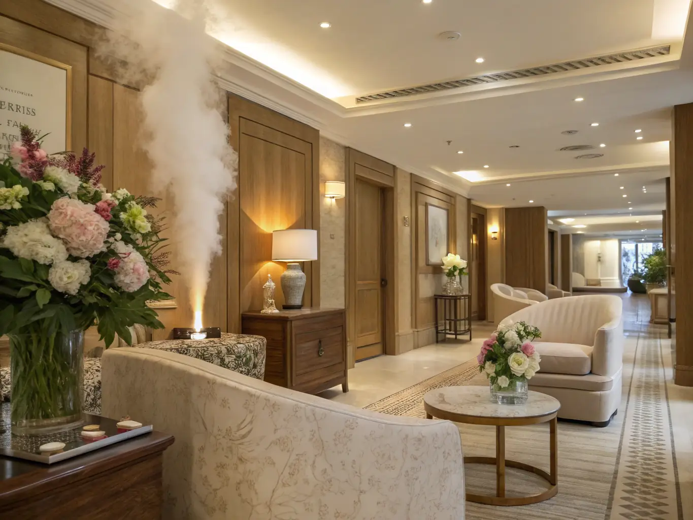 A close-up shot of a cold-air diffuser in a hotel lobby, focusing on the fine mist being released. The background includes blurred figures of guests and elegant hotel decor. The lighting is soft and ambient, creating a sense of luxury and relaxation.