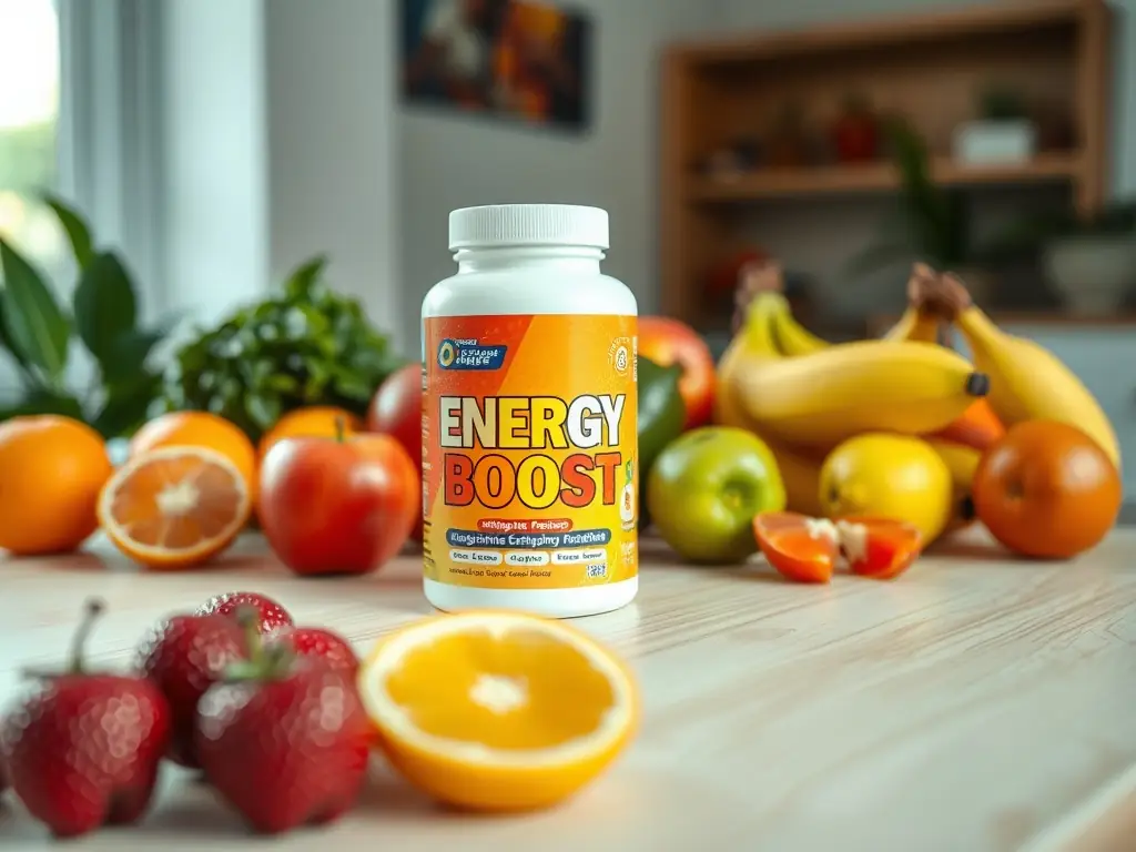 A visually appealing image of 'Energy Boost' essential oil blend, with citrus fruits and mint leaves surrounding the bottle, suggesting invigoration and vitality.