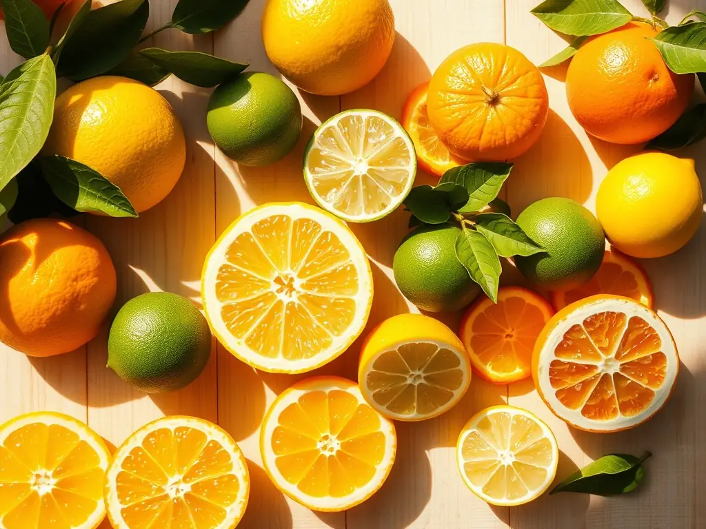 A visually appealing image of 'Invigorate' essential oil blend, featuring bright citrus fruits like lemon and grapefruit, set against a backdrop of lush greenery.