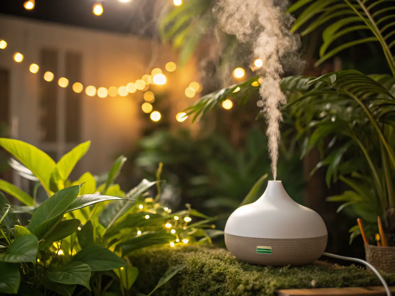 A sleek, modern black cold-air diffuser sits on a polished wooden table in a minimalist living room. The diffuser is emitting a gentle mist, illuminated by soft, natural light from a nearby window. The background is blurred to emphasize the diffuser's elegant design.