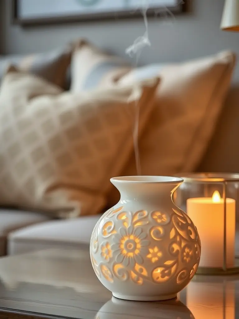 A close-up shot of a white ceramic diffuser with a minimalist design, placed on a light wooden surface, with soft, diffused lighting to highlight its smooth texture.